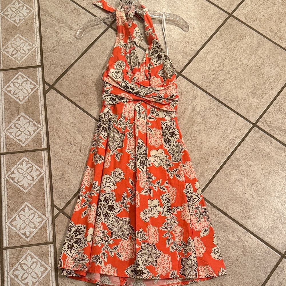 Karin Stevens Orange and Black Floral Halter Dress